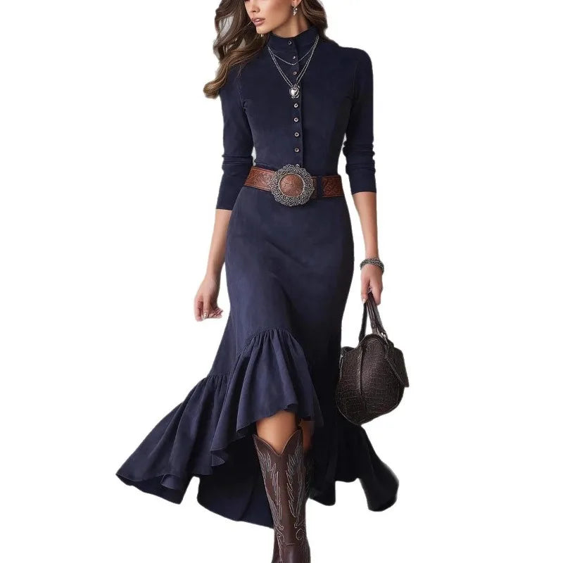 Vintage Western Style Dress Button Temperament High Neck Suede Slim Fit Irregular Hem Long Skirt with Belt