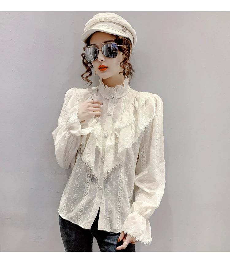 Korean Style Ruffle Stitching Lace Blouse Fashion Long Sleeve Loose Chiffon Shirt Elegant Stand Collar Pleated Tops Blusas 15832
