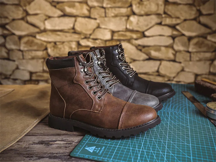 British Retro Men's High-Top Leather Cowboy Boots Lace-Up Comfortable Breathable Equestrian Casual Shoes Premium Quality Fashion