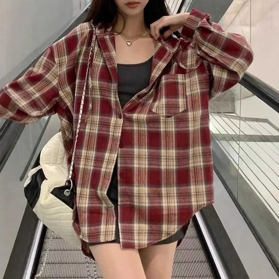Loose Long Sleeve Plaid Shirt Women's Spring Autumn New Korean Style Lazy Fashion Casual Outerwear Cotton Polyester Blend