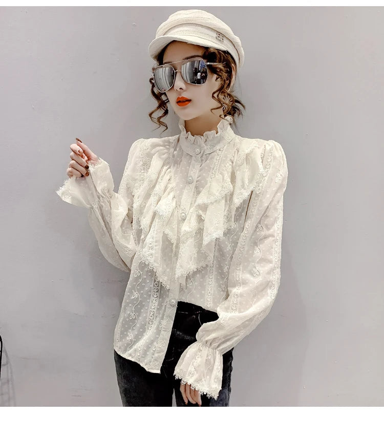 Korean Style Ruffle Stitching Lace Blouse Fashion Long Sleeve Loose Chiffon Shirt Elegant Stand Collar Pleated Tops Blusas 15832