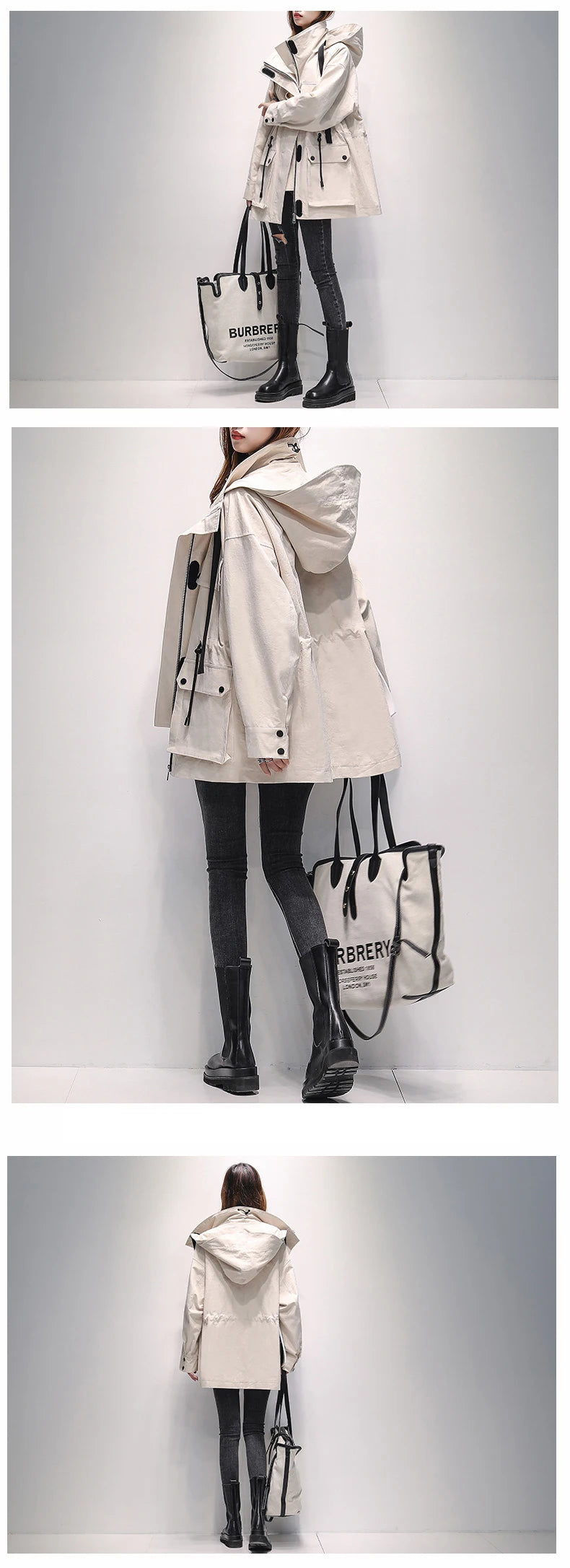 Lautaro Autumn Oversized Red Black Waterproof Windbreaker Women with Hood Many Pockets Zip Up Safari Style Cool Cargo Coat 2022