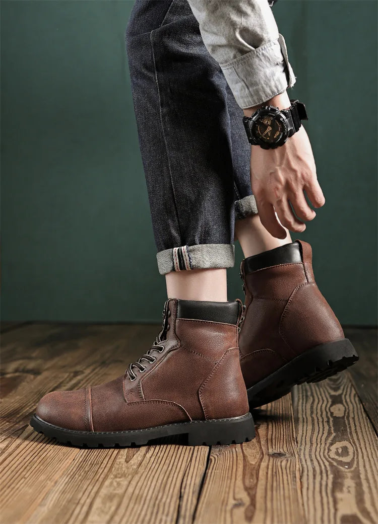 British Retro Men's High-Top Leather Cowboy Boots Lace-Up Comfortable Breathable Equestrian Casual Shoes Premium Quality Fashion