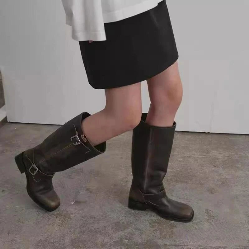 Women's High Boots 2025 New Retro Brown Western Cowhide Boots Gothic Square Toe Wide-leg Women's Long Boots