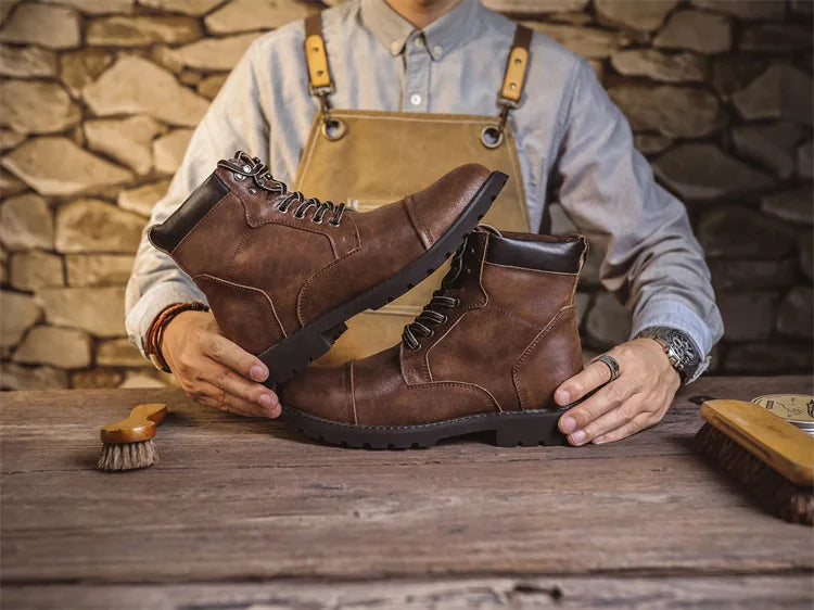 British Retro Men's High-Top Leather Cowboy Boots Lace-Up Comfortable Breathable Equestrian Casual Shoes Premium Quality Fashion