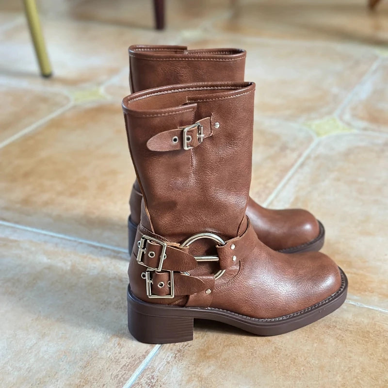 Women's High Boots 2025 New Retro Brown Western Cowhide Boots Gothic Square Toe Wide-leg Women's Long Boots