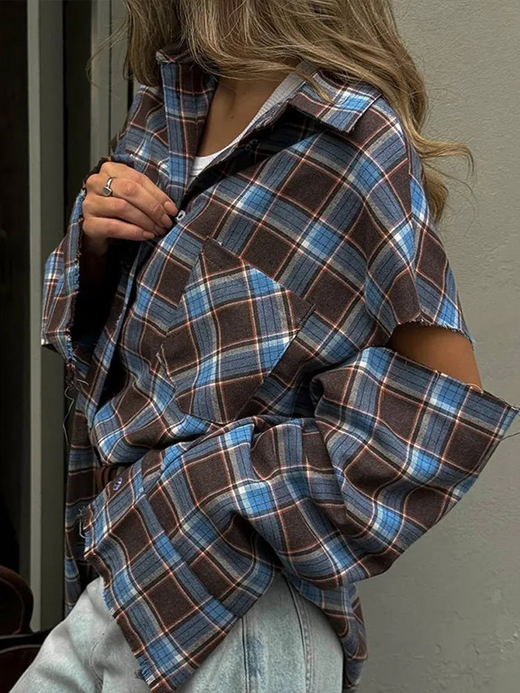 Fashion Checkered Pattern Shirts Women Elegant Lapel Long Sleeve Single Breasted Pocket Loose Top 2025 Daily Street Outerwear