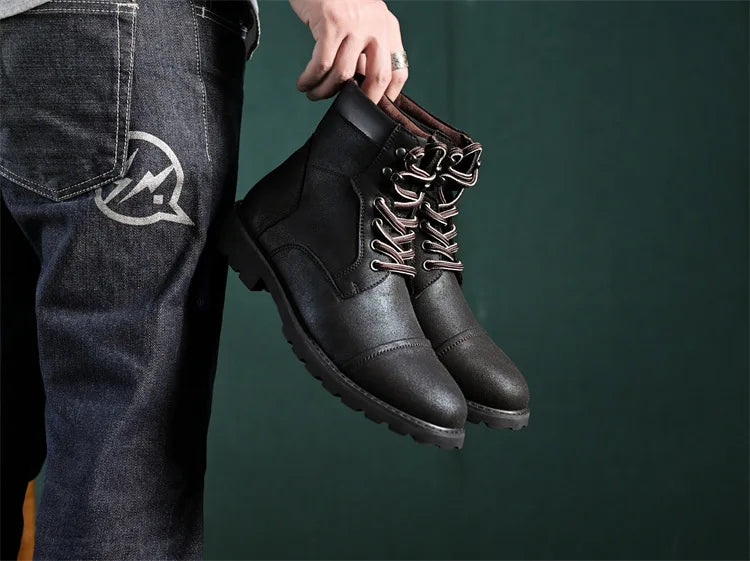 British Retro Men's High-Top Leather Cowboy Boots Lace-Up Comfortable Breathable Equestrian Casual Shoes Premium Quality Fashion