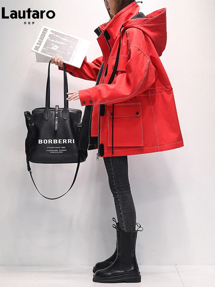 Lautaro Autumn Oversized Red Black Waterproof Windbreaker Women with Hood Many Pockets Zip Up Safari Style Cool Cargo Coat 2022