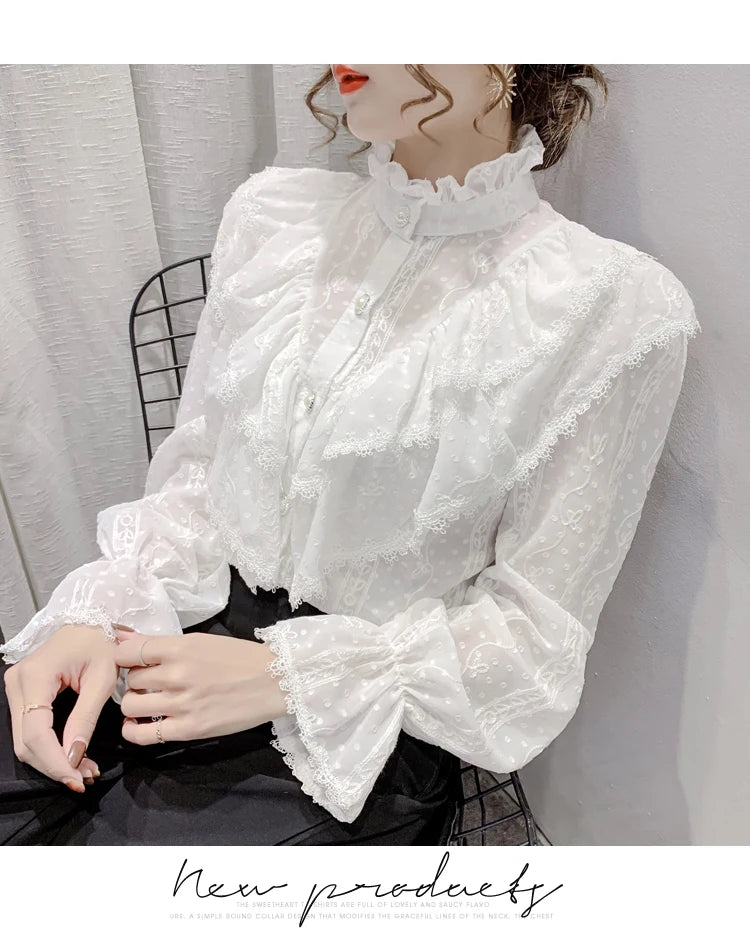 Korean Style Ruffle Stitching Lace Blouse Fashion Long Sleeve Loose Chiffon Shirt Elegant Stand Collar Pleated Tops Blusas 15832