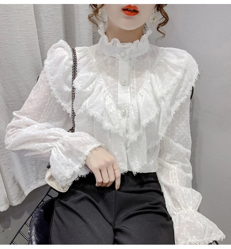 Korean Style Ruffle Stitching Lace Blouse Fashion Long Sleeve Loose Chiffon Shirt Elegant Stand Collar Pleated Tops Blusas 15832