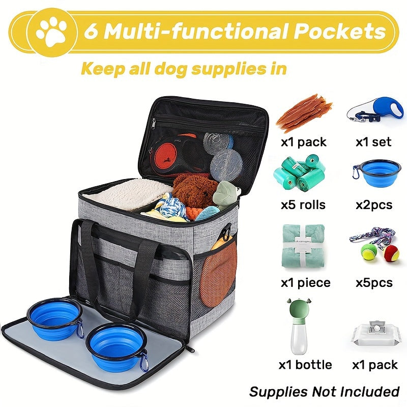 6pcs/set Dog Travel Bag, Large Pet Travel Kit for Supplies Includes 2 Food Containers, 1 Travel Organizer for Dogs, 2 Collapsible Bowls, 1 Treat Pouch, Dog Weekend Overnight Travel Bag Luggage Halloween Gift