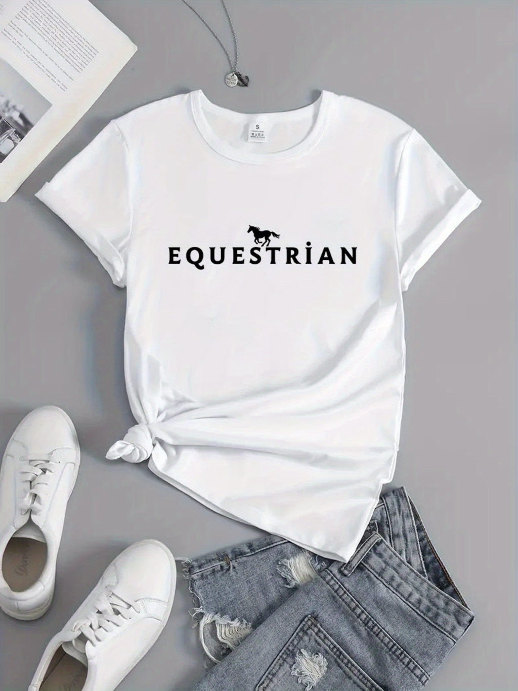Women'S Equestrian Graphic T-Shirt - Black with Bold Equestrian Text - Stretchy Comfort Fit Horseback Riding Tee for Women - All-Season Casual Everyday & Riding Apparel - Equestrian Clothing, Horse Tshirt, Round Neckline Shir