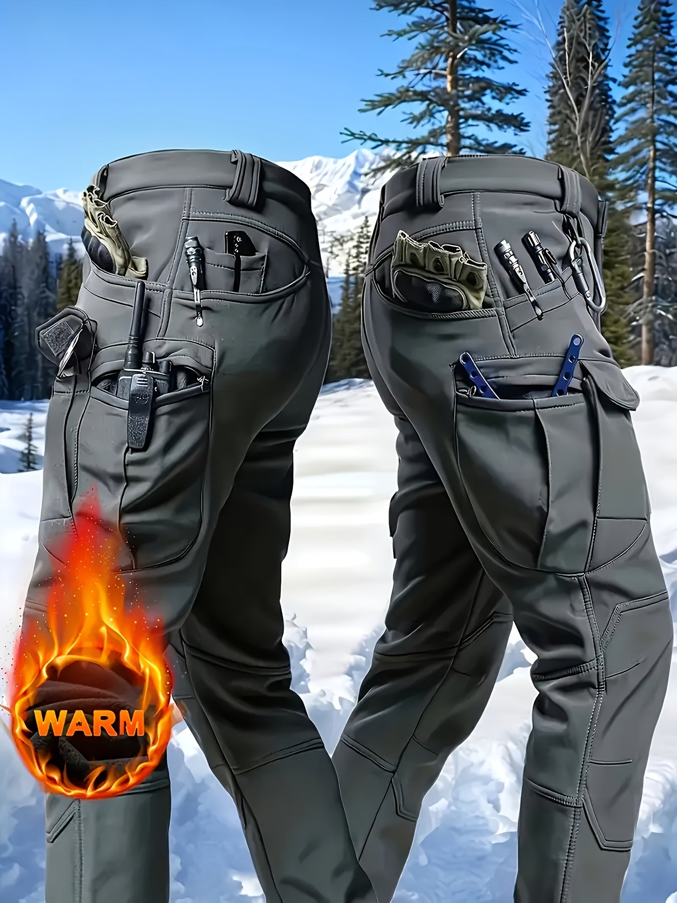 1pc Men's Fleece-Lined Warm Tactical Cargo Pants, Winter Thickened Style with Multiple Front and Back Zippers & Side Slanting Flap Patches for Outdoor Hiking/Fishing, Cold Weather Clothing, Fishing Pants, Rugged Design, Tacti