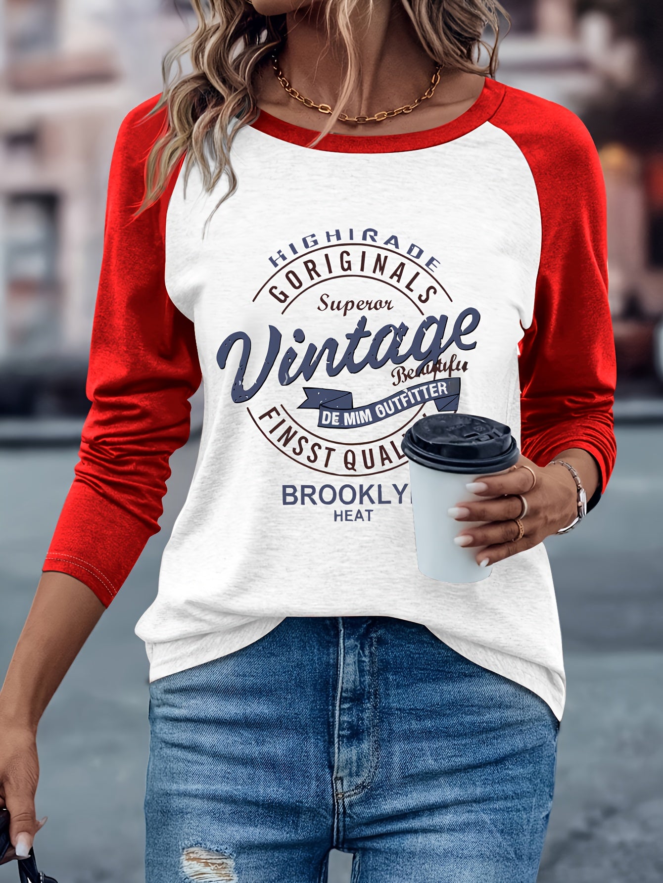 Women's Casual Long Sleeve Crew Neck T-Shirt - Vintage Brooklyn Letter Print, Heather Gray & Beige Color Block, Machine Washable Spring/Fall Top