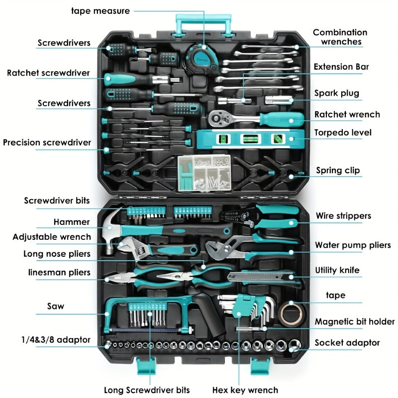 198pcs Heavy-Duty Industrial Hand Tool Set with Socket Wrenches, Screwdrivers, Pliers & Hammer - All-in-One Portable Toolbox with Sturdy Carrying Case, Ergonomic Handle & Organized Compartments - Ideal for Auto Repair, Home M