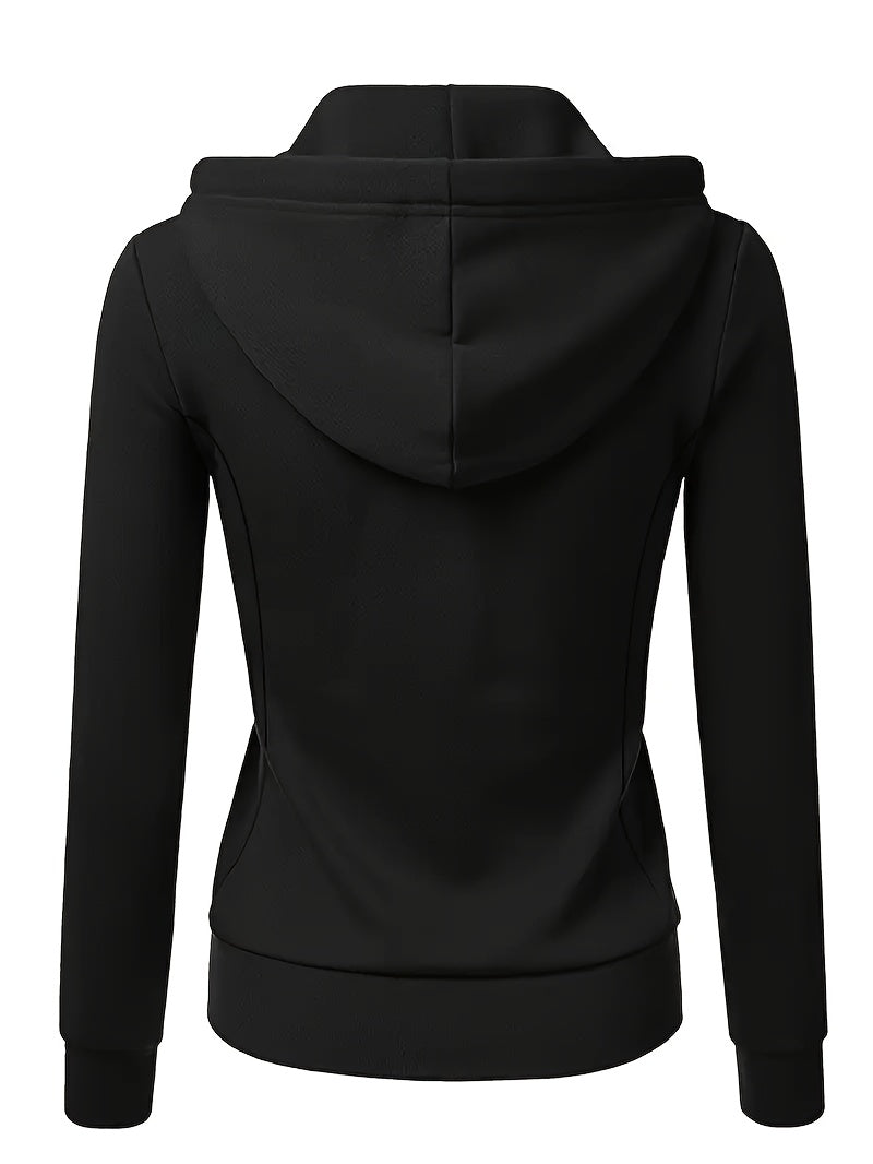 Women's Full-Zip Hoodie - Soft Inner Lining, Front Zipper Closure, Side Pockets - All-Season Casual Outerwear - Machine Washable Women's Jacket (Black/with Accents), Comfortable Clothing, Striped Drawstring Hood, Durable Fabr