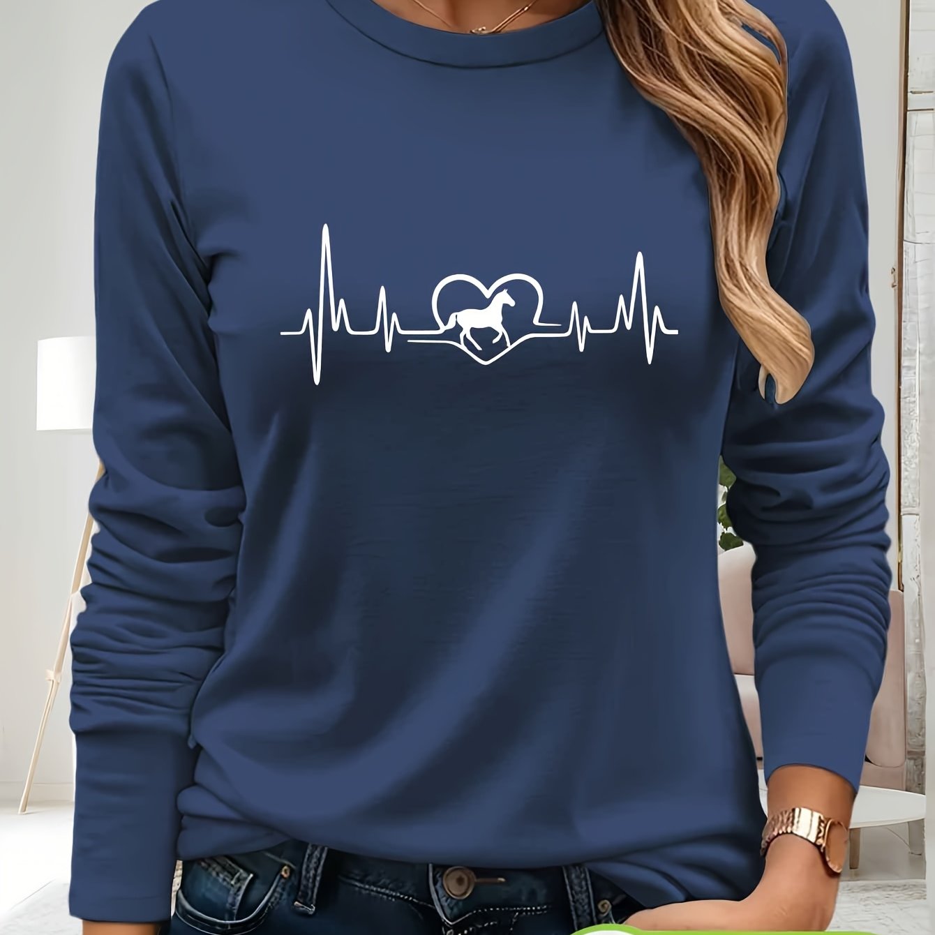 Women's 100% Cotton Long Sleeve T-Shirt - Heartbeat & Galloping Horse Graphic Print, Light Yellow Casual Round Neck Top for Spring/Summer, Machine Washable, Spring Summer Apparel, Unique Graphic Tee, Breathable Fabric, Spring