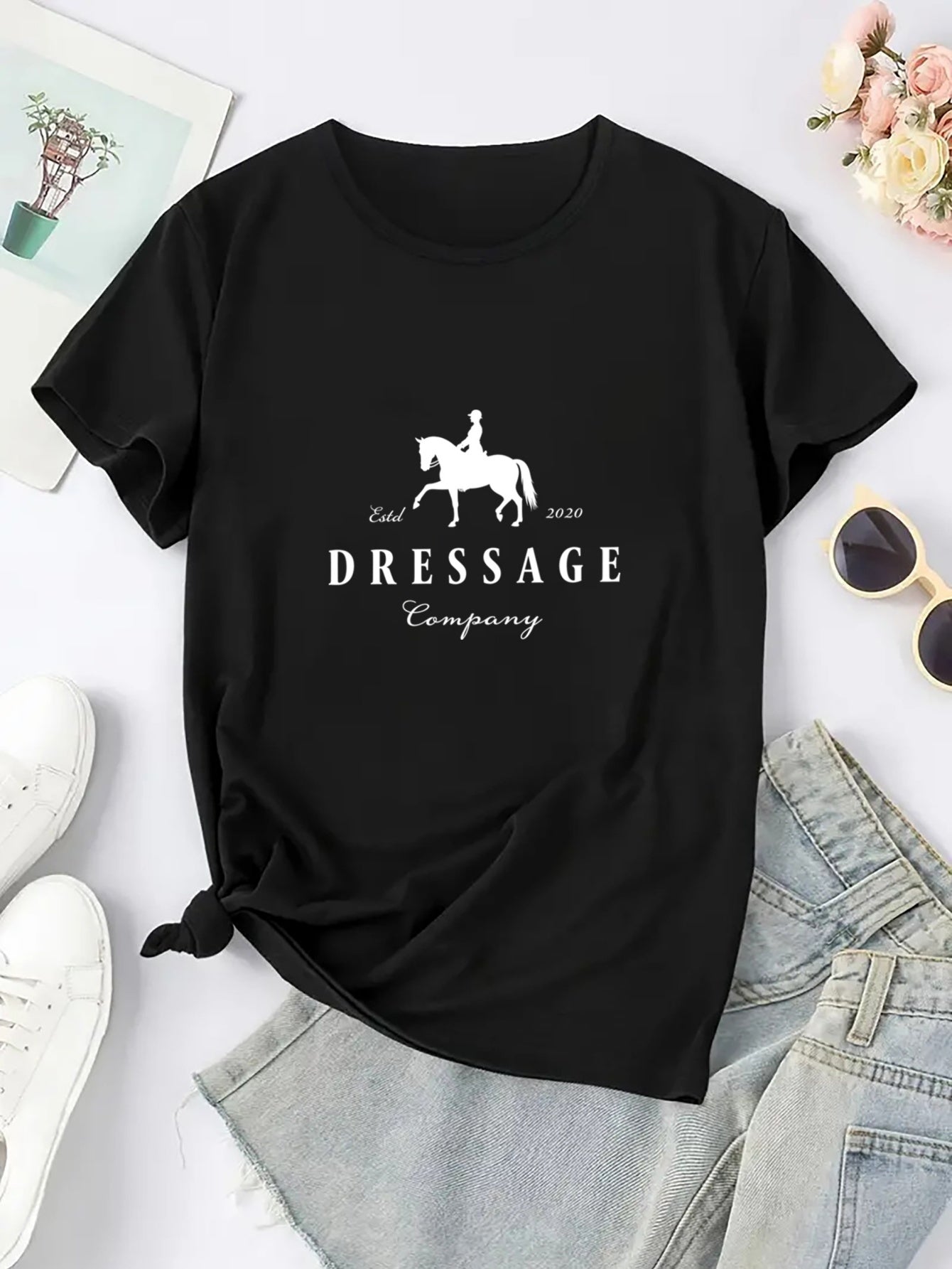 Women'S Elegant Dressage Graphic T-Shirt - White Tee with Black Dressage Text, Soft Breathable Polyester Blend Shirt for Equestrian Events, Casual Attire & Casual Outfits - All-Season Women'S Top, Horse T Shirt, Outdoor Activ