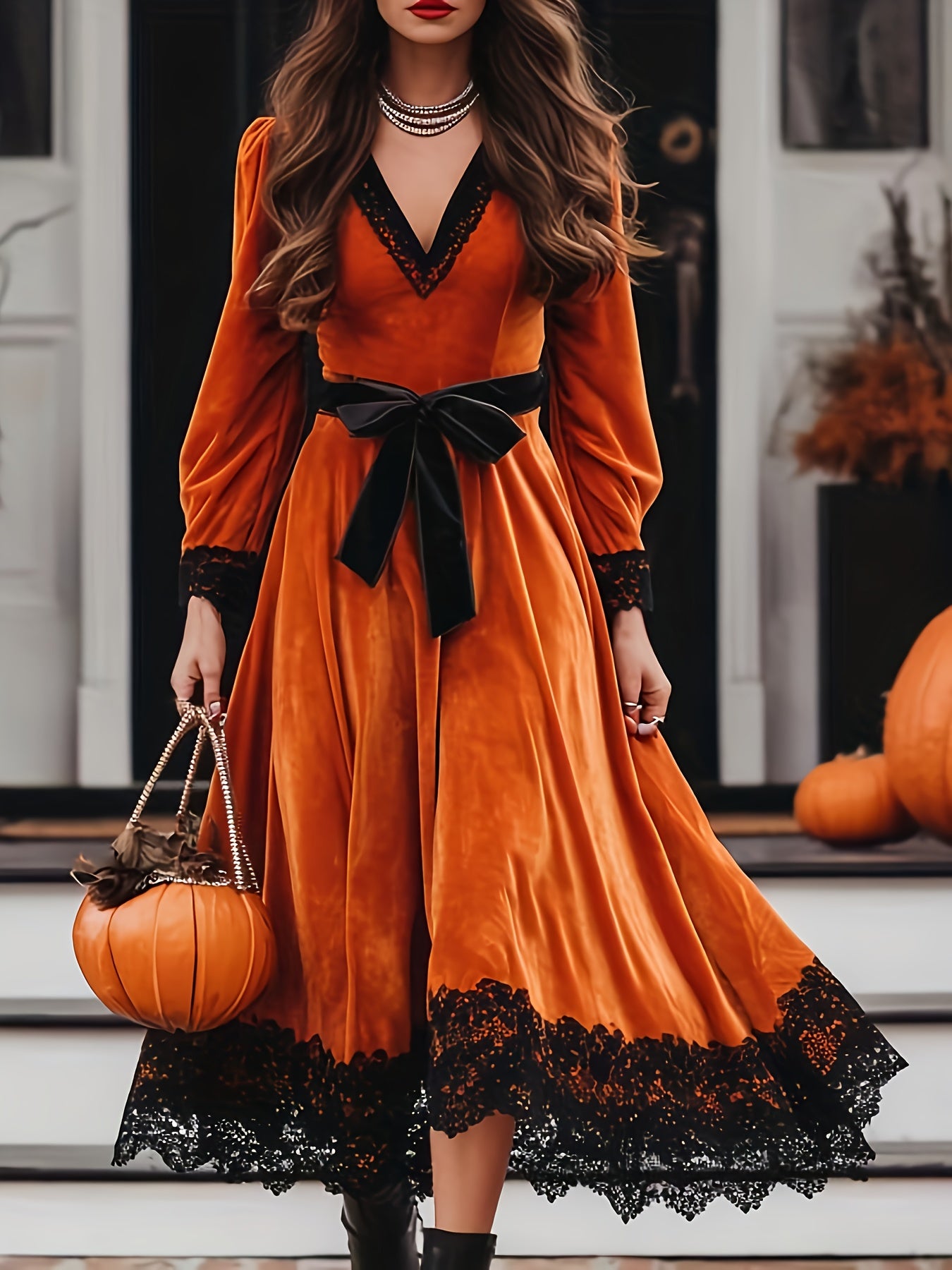Women's Elegant Vintage Gothic Lace Victorian-Inspired Maxi Dress with & Train - Machine Washable Orange & Black Contrast Long Sleeve Party Dress for Halloween, Autumn Events, Themed Costume Parties - Structured Waist & Flowi