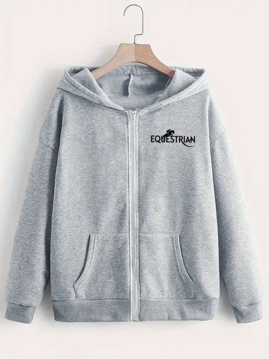 Women's Equestrian Print Hooded Zip-Up Jacket - Horse Head & Lettering Design, All-Season Casual Sportswear Coat, Machine Washable Relaxed Fit Outerwear for Horseback Riding & Everyday Use