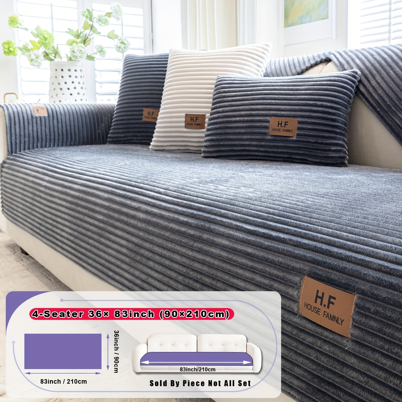 1pc HF Modern Plush Flannel Sofa Cushion Cover - Pet-Friendly Non-Slip Sofa Protector with Striped Design & Leather-Like Patches, Machine Washable Furniture Cover for 3/2/4-Seater, Living Room, Bedroom, Office Decor, Bedroom