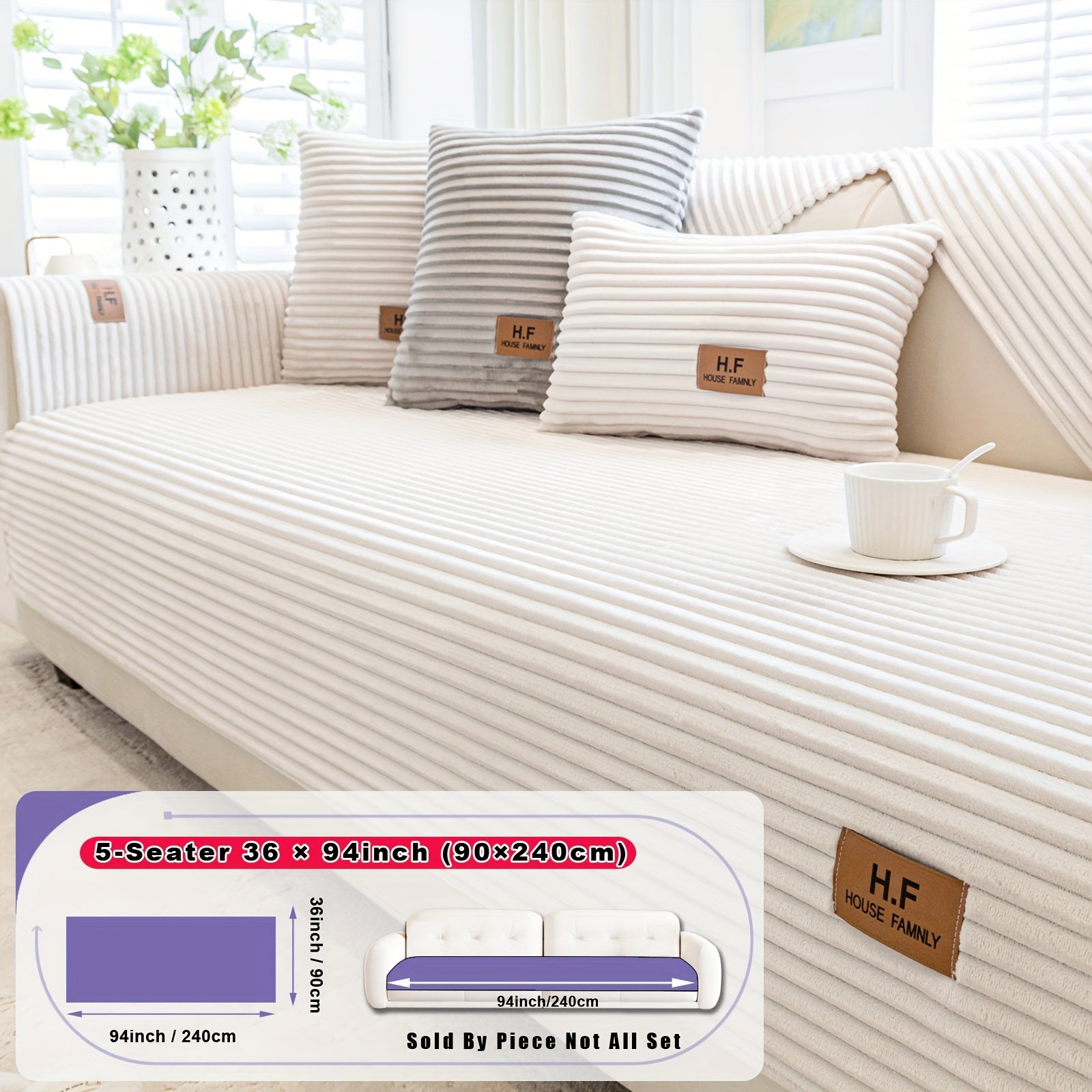 1pc HF Modern Plush Flannel Sofa Cushion Cover - Pet-Friendly Non-Slip Sofa Protector with Striped Design & Leather-Like Patches, Machine Washable Furniture Cover for 3/2/4-Seater, Living Room, Bedroom, Office Decor, Bedroom