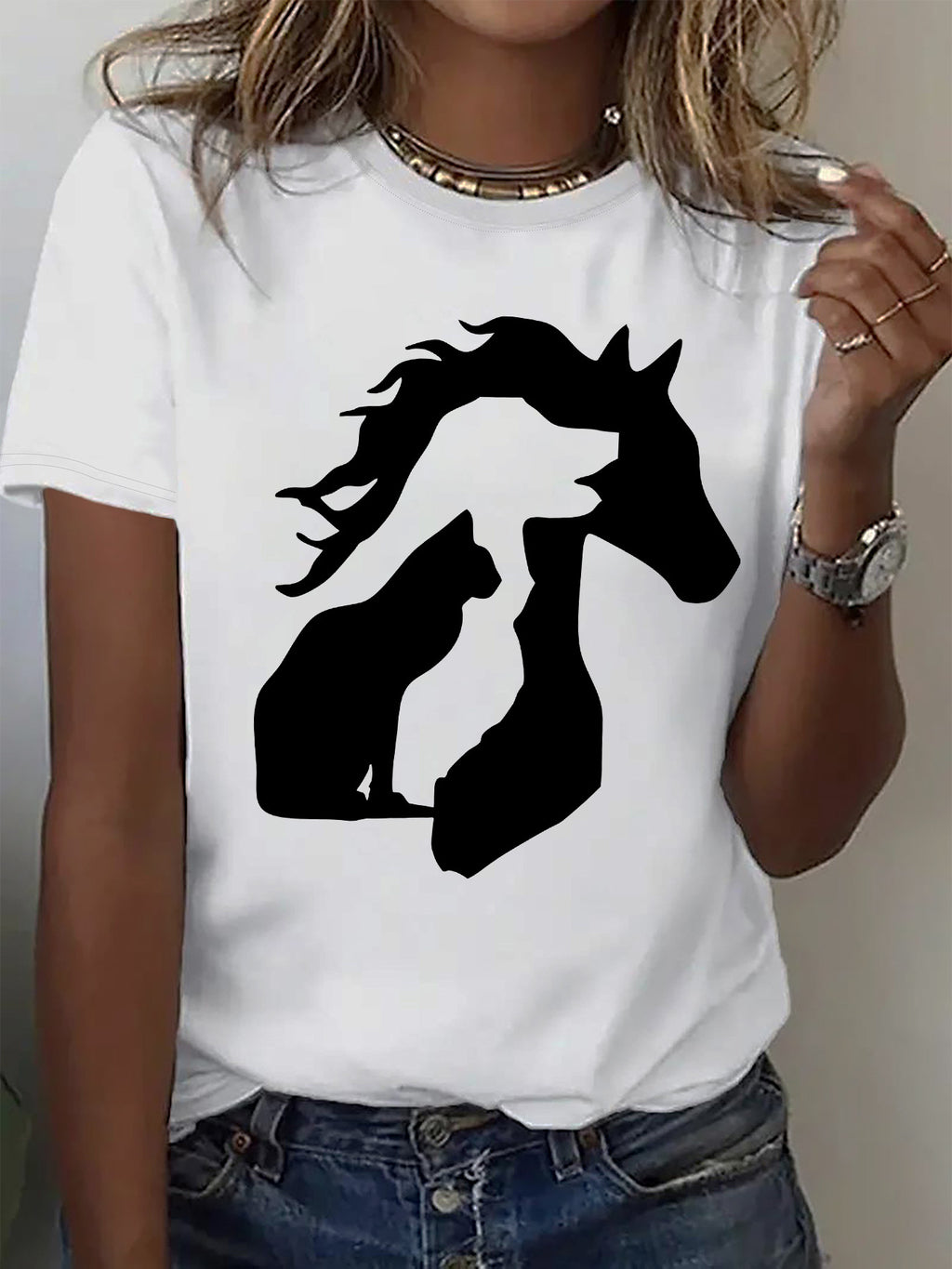 Women'S Casual Crew Neck T-Shirt with Unique Horse and Cat Silhouette Graphic, Short Sleeve Polyester Tee for Casual Attire, Allseason Top | Trendy Casual Style | Comfortable Fi