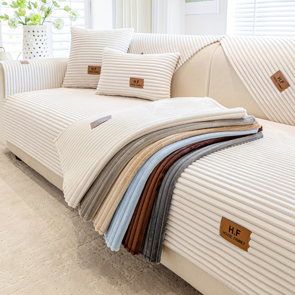 1pc HF Modern Plush Flannel Sofa Cushion Cover - Pet-Friendly Non-Slip Sofa Protector with Striped Design & Leather-Like Patches, Machine Washable Furniture Cover for 3/2/4-Seater, Living Room, Bedroom, Office Decor, Bedroom