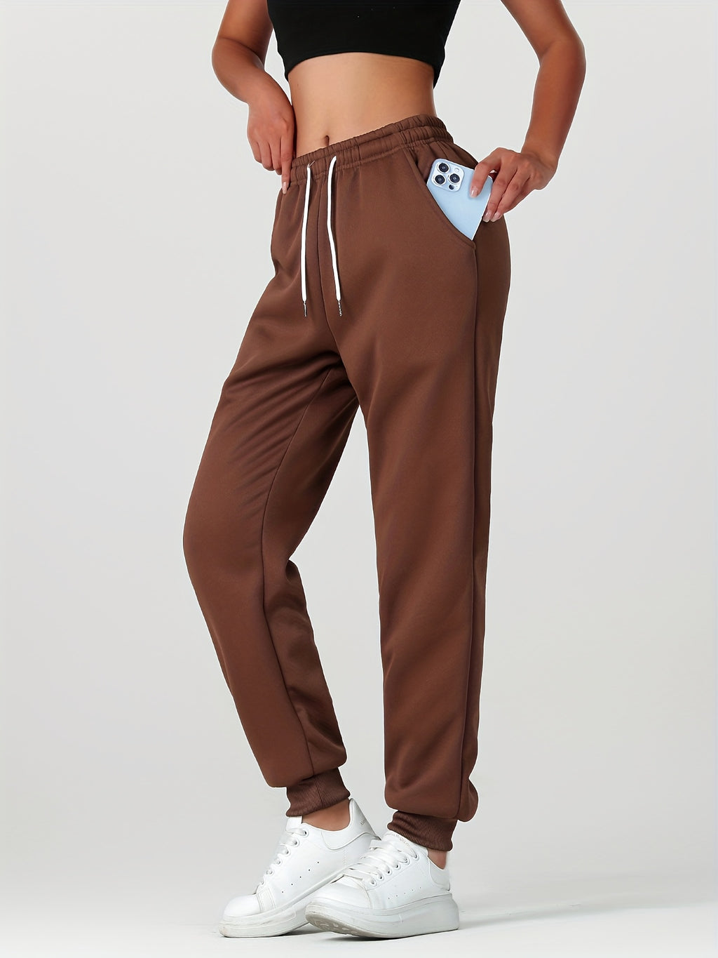 1pc Autumn Winter Women's Long Pants, Fleece-Lined Warm Casual Sports Trousers with Elastic Drawstring Waist, Slant Pockets, Windproof Thermal Cuffed Pants for Winter Daily Home Outing Hiking Leisure Wear