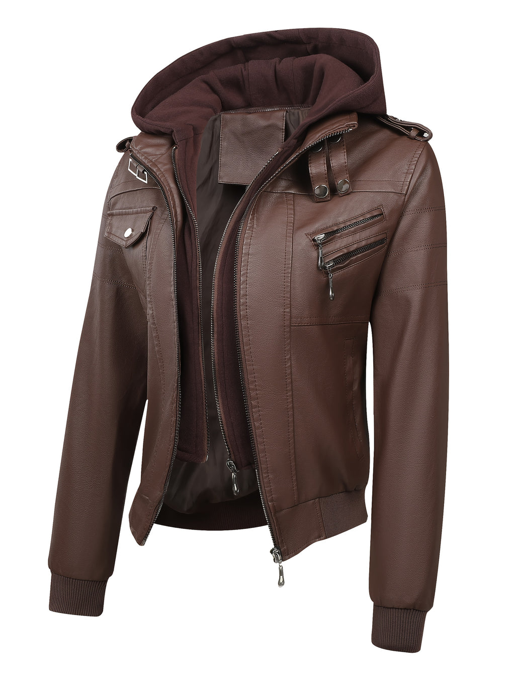 PUPU Women's Retro Leather Jacket - Black Long Sleeve Zipper Front Jacket with Pockets, Machine Washable Casual Outerwear for All Seasons