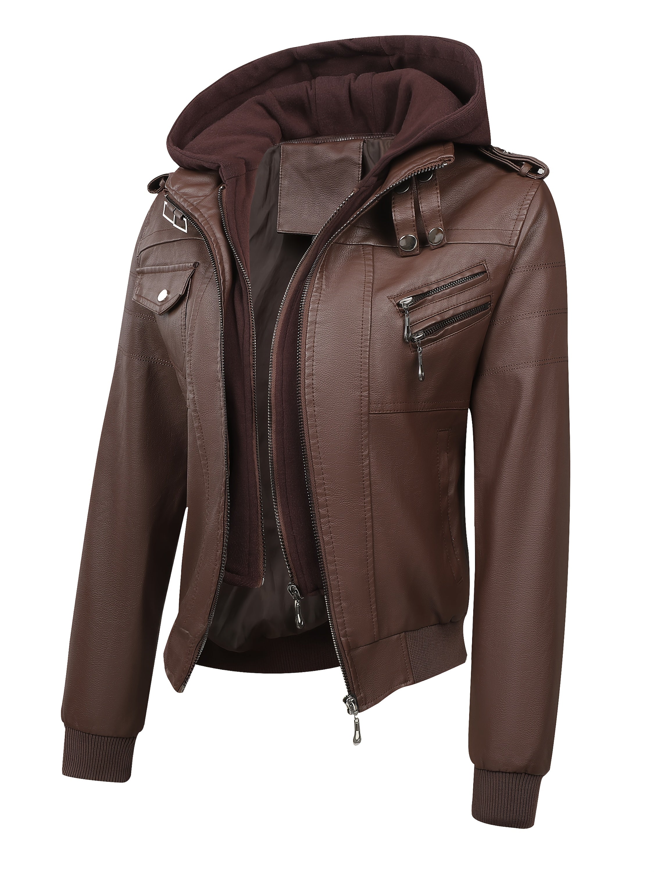 PUPU Women's Retro Leather Jacket - Black Long Sleeve Zipper Front Jacket with Pockets, Machine Washable Casual Outerwear for All Seasons