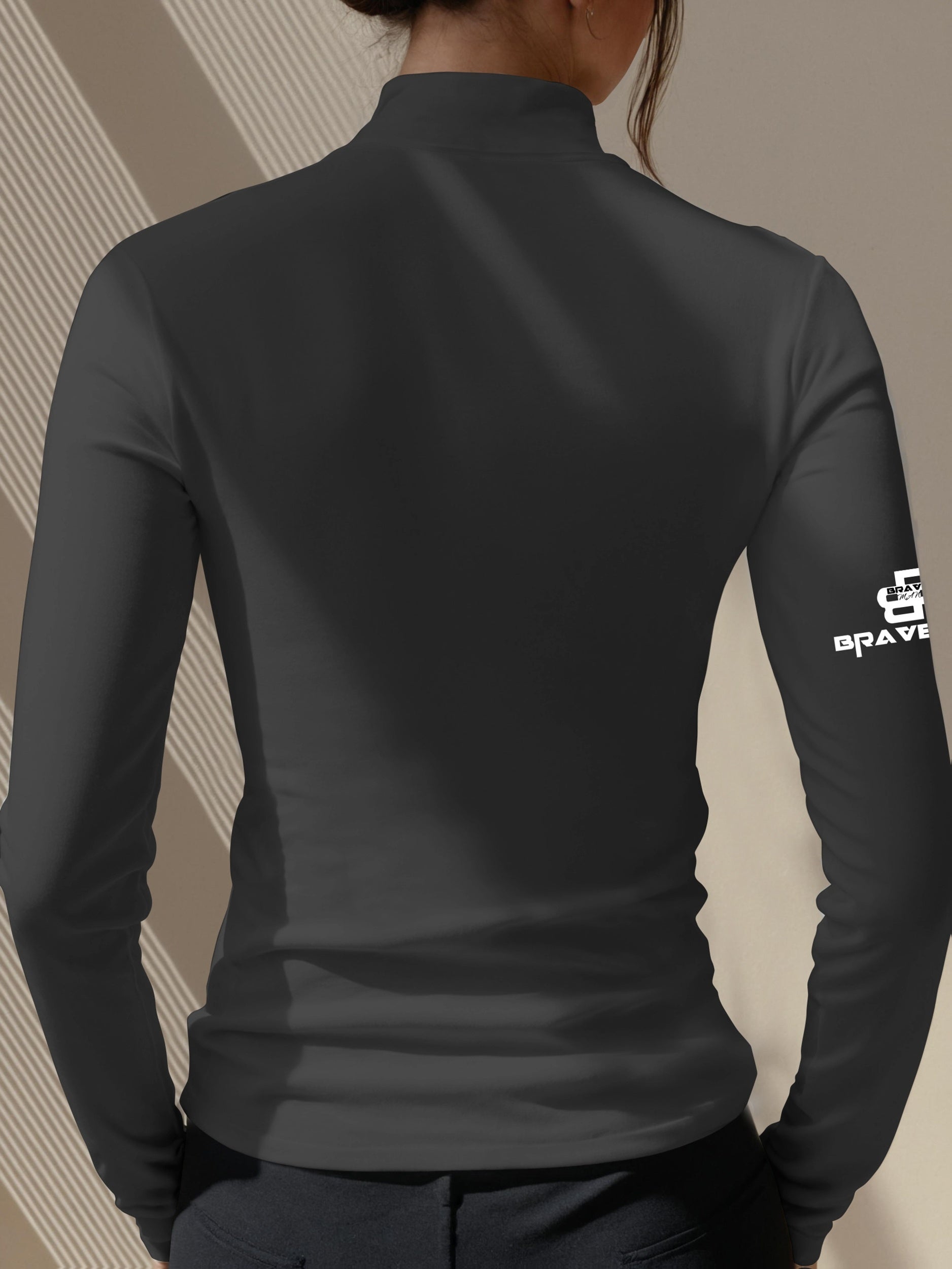 Women's Thermal Turtleneck Sweater Shirt - Long Sleeve White Base with Black Collar & B-Fit Logo Print, Slim-Fit Winter Layering Top, Hand Washable Stretchy -like Texture for Office, Casual & Cold Weather (No Bulk)