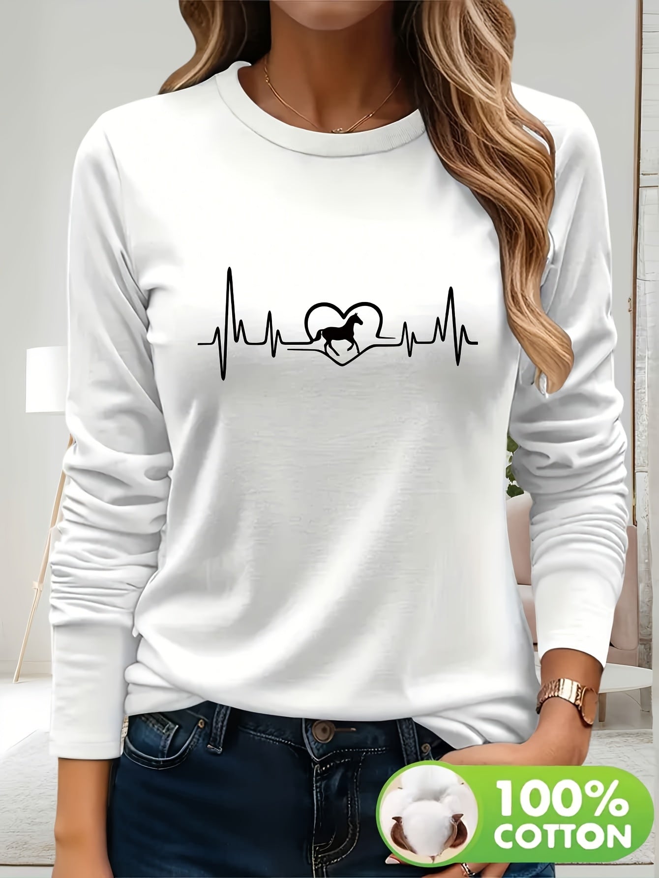 Women's 100% Cotton Long Sleeve T-Shirt - Heartbeat & Galloping Horse Graphic Print, Light Yellow Casual Round Neck Top for Spring/Summer, Machine Washable, Spring Summer Apparel, Unique Graphic Tee, Breathable Fabric, Spring
