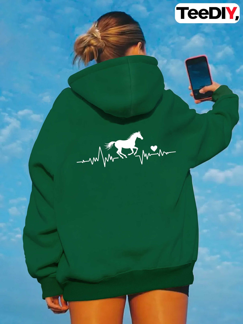 teediy Women'S Horse Heartbeat Minimalist Line Hooded Sweatshirt - Elegant Horse & Heartbeat Design, Long Sleeve Casual Pullover with Pockets