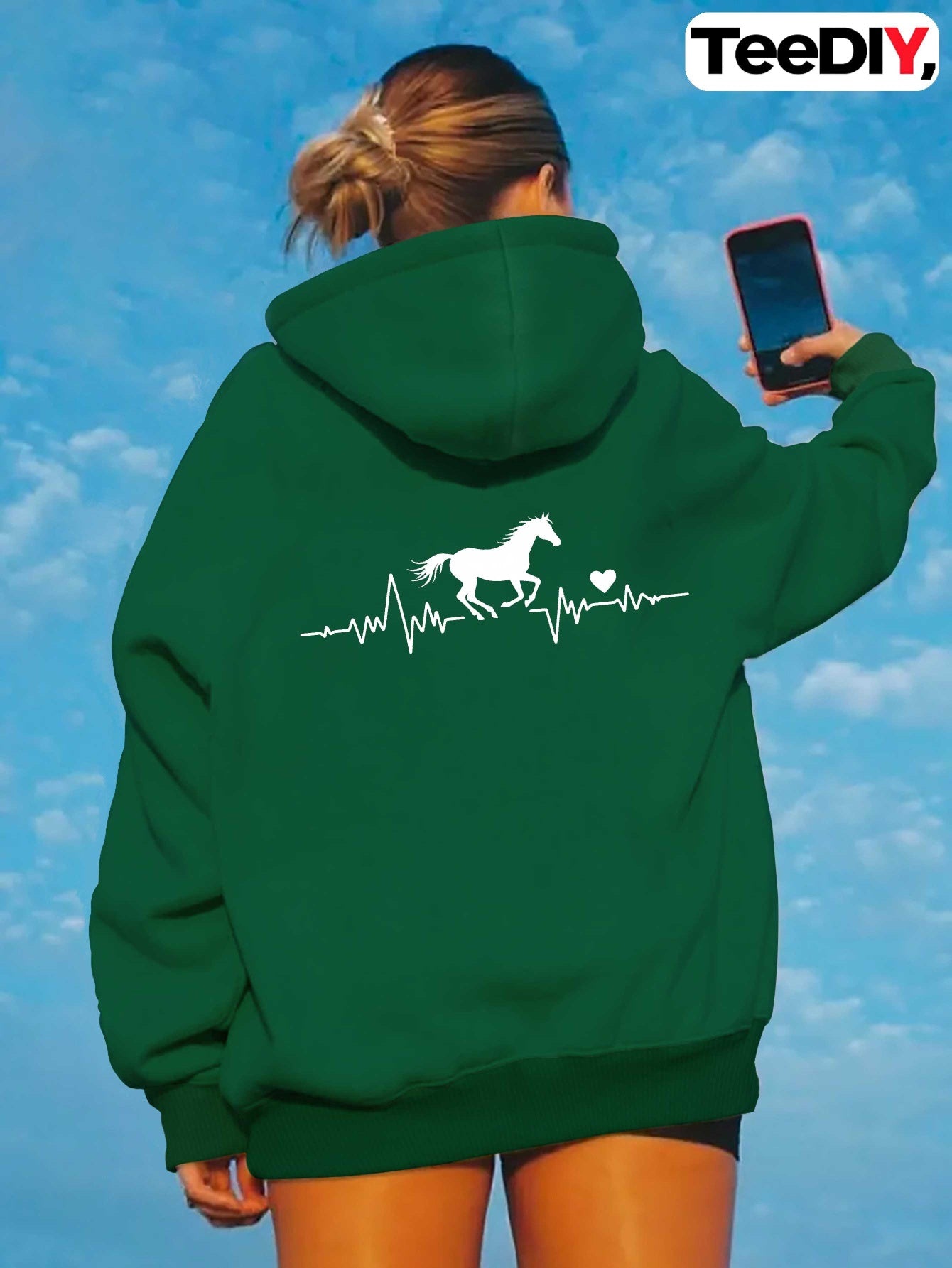 teediy Women'S Horse Heartbeat Minimalist Line Hooded Sweatshirt - Elegant Horse & Heartbeat Design, Long Sleeve Casual Pullover with Pockets