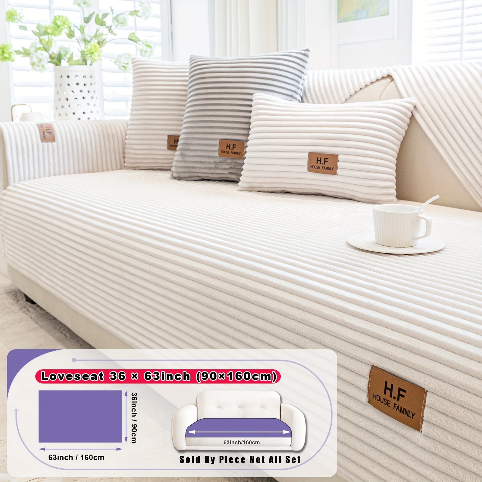 1pc HF Modern Plush Flannel Sofa Cushion Cover - Pet-Friendly Non-Slip Sofa Protector with Striped Design & Leather-Like Patches, Machine Washable Furniture Cover for 3/2/4-Seater, Living Room, Bedroom, Office Decor, Bedroom