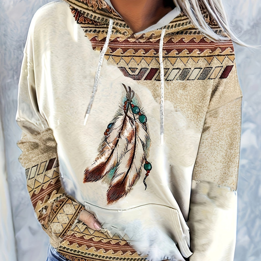 Women's Western Bohemian Hooded Pullover Sweatshirt - Retro Geometric Print with Turquoise Accents, Adjustable Drawstring Hood, Machine Washable Casual Top for All Seasons, Versatile Clothing | Detailed Motif