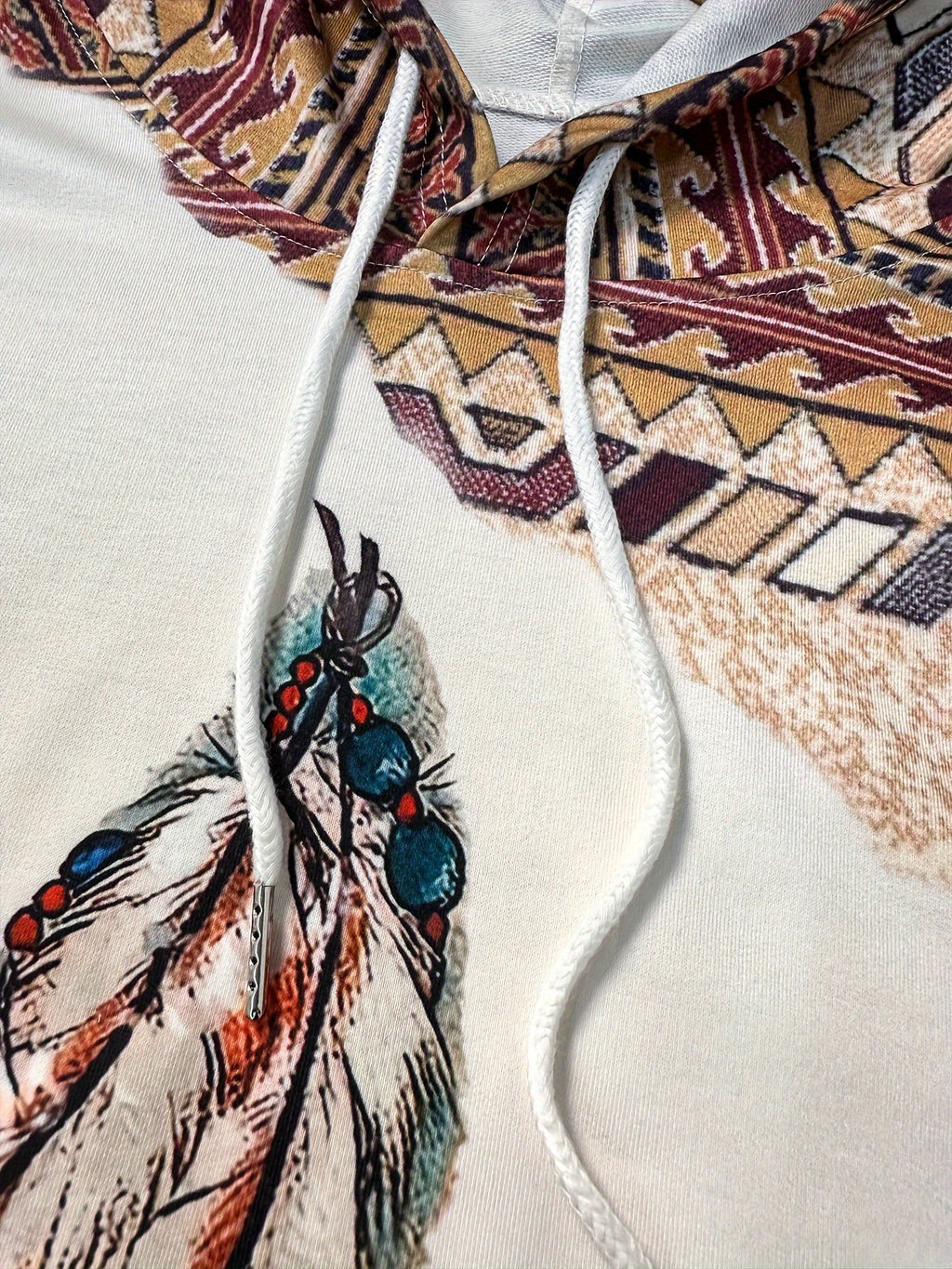Women's Western Bohemian Hooded Pullover Sweatshirt - Retro Geometric Print with Turquoise Accents, Adjustable Drawstring Hood, Machine Washable Casual Top for All Seasons, Versatile Clothing | Detailed Motif