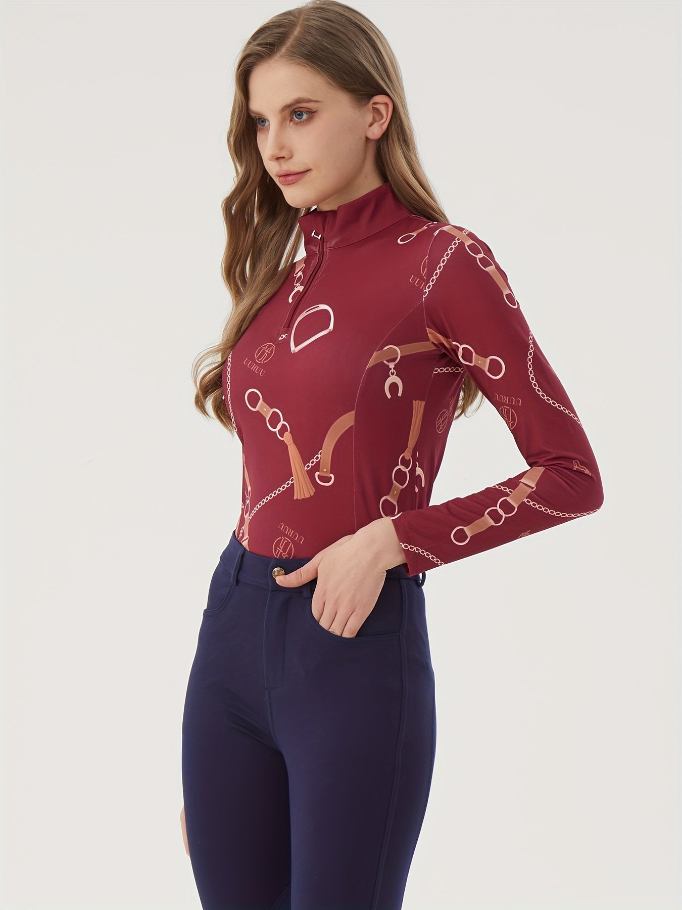Printed Women's Long Sleeve Equestrian Top, High Stretch Slim Fit Riding Apparel with Contrast Colors and Stand Collar for Horse Competitions - May Have White Stains from Printing