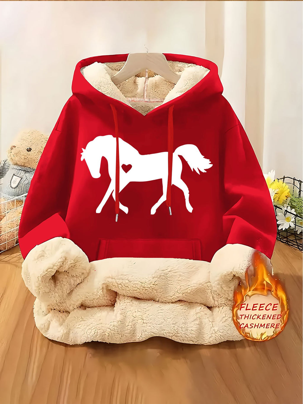 Women's Horse Print Hoodie Jacket - Pocket & Adjustable Hood, Cozy Winter Warm Pullover, Casual Long Sleeve Sizes XS-XXL (Machine Washable) - Fall & Winter Outerwear for Horseback Riding & Casual Attire