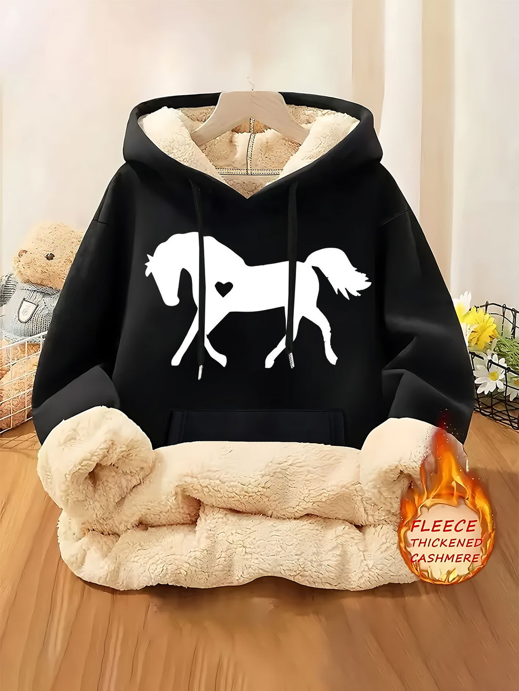 Women's Horse Print Hoodie Jacket - Pocket & Adjustable Hood, Cozy Winter Warm Pullover, Casual Long Sleeve Sizes XS-XXL (Machine Washable) - Fall & Winter Outerwear for Horseback Riding & Casual Attire