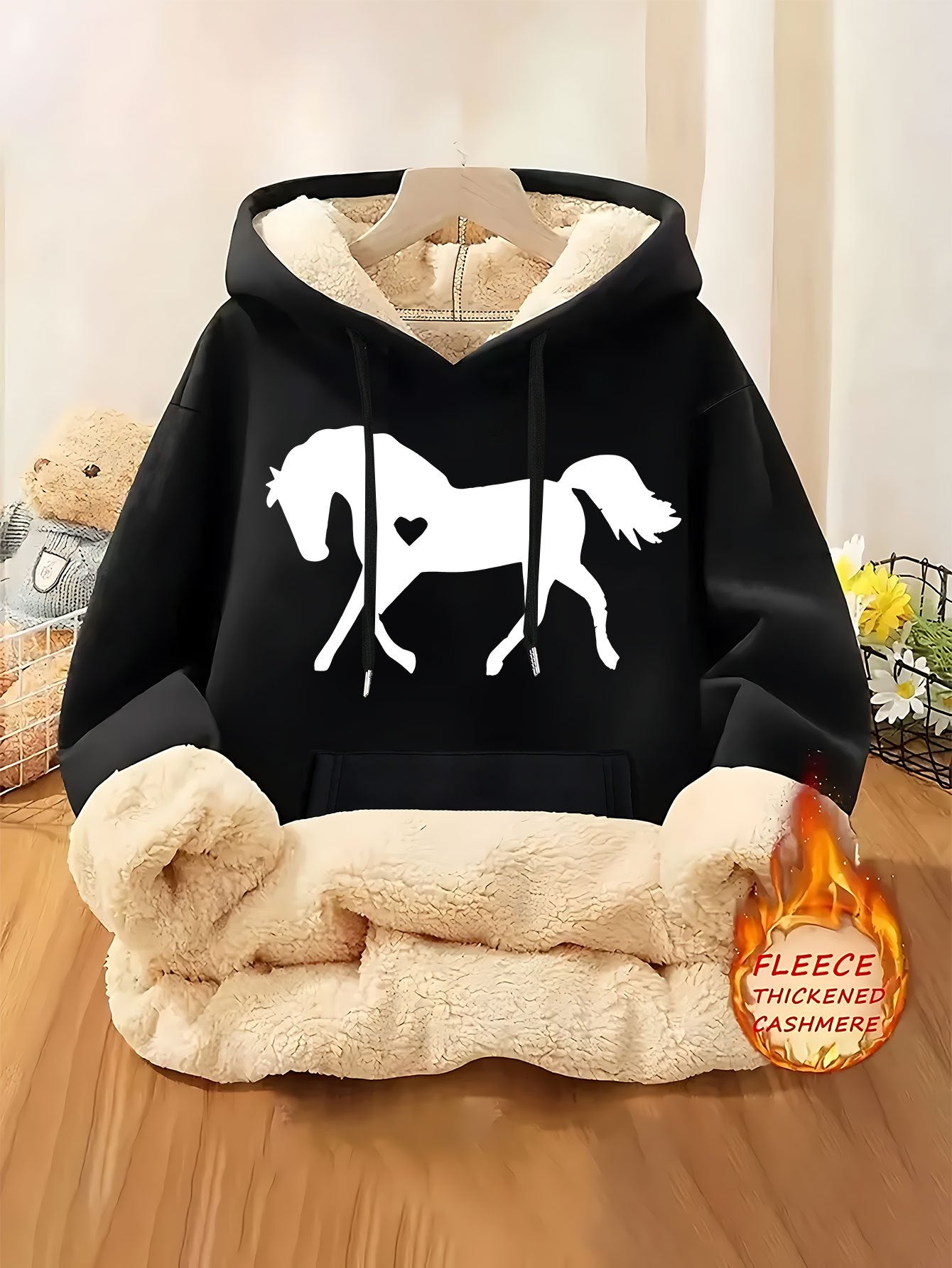 Women's Horse Print Hoodie Jacket - Pocket & Adjustable Hood, Cozy Winter Warm Pullover, Casual Long Sleeve Sizes XS-XXL (Machine Washable) - Fall & Winter Outerwear for Horseback Riding & Casual Attire