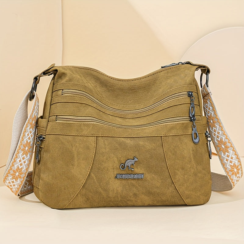 Vintage Style Women'S Shoulder Bag with Adjustable Strap, Multiple Zip Compartments, Synthetic Faux Leather, Polyester Lined - Available in Khaki, Black, Blue, Dark Green, Occasion Theme with Occasion Closure