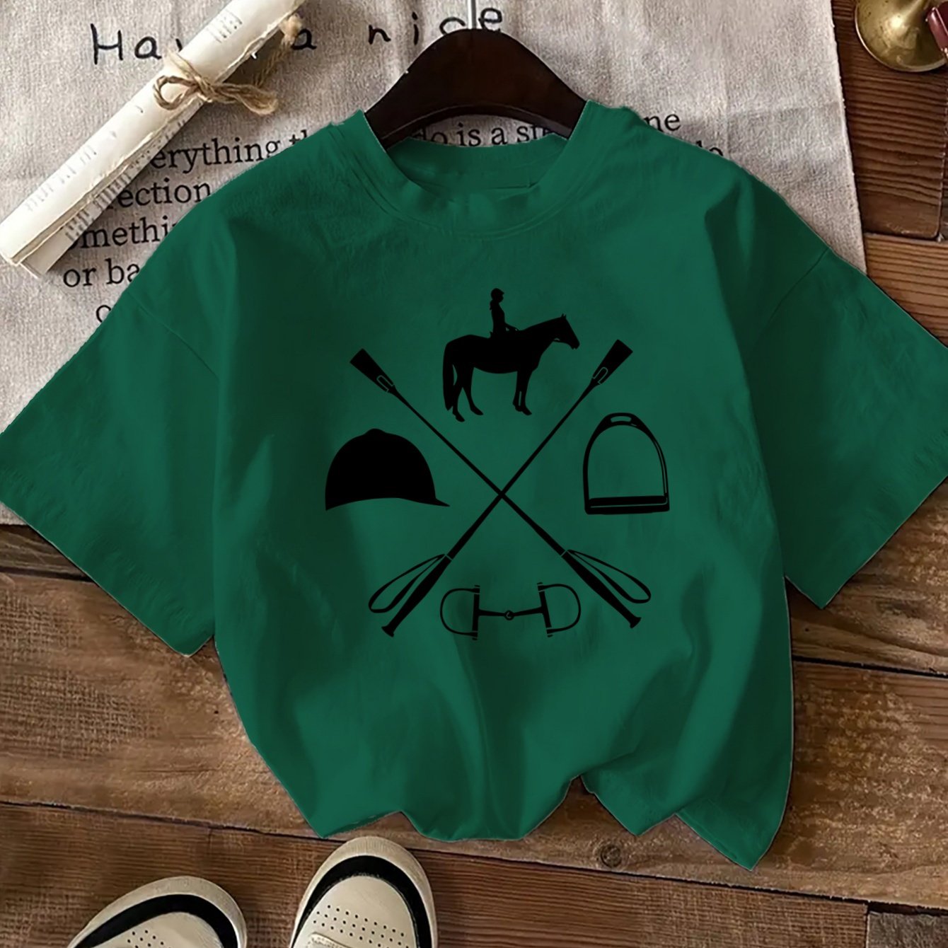 Women's Equestrian & Geometric Print Short Sleeve Crew Neck T-Shirt - Vibrant Red with Black Horseback Riding Design, Breathable Machine-Washable Casual Top for Summer, Spring & All-Season Wear, Horse Shirt, Summer Fashion, S