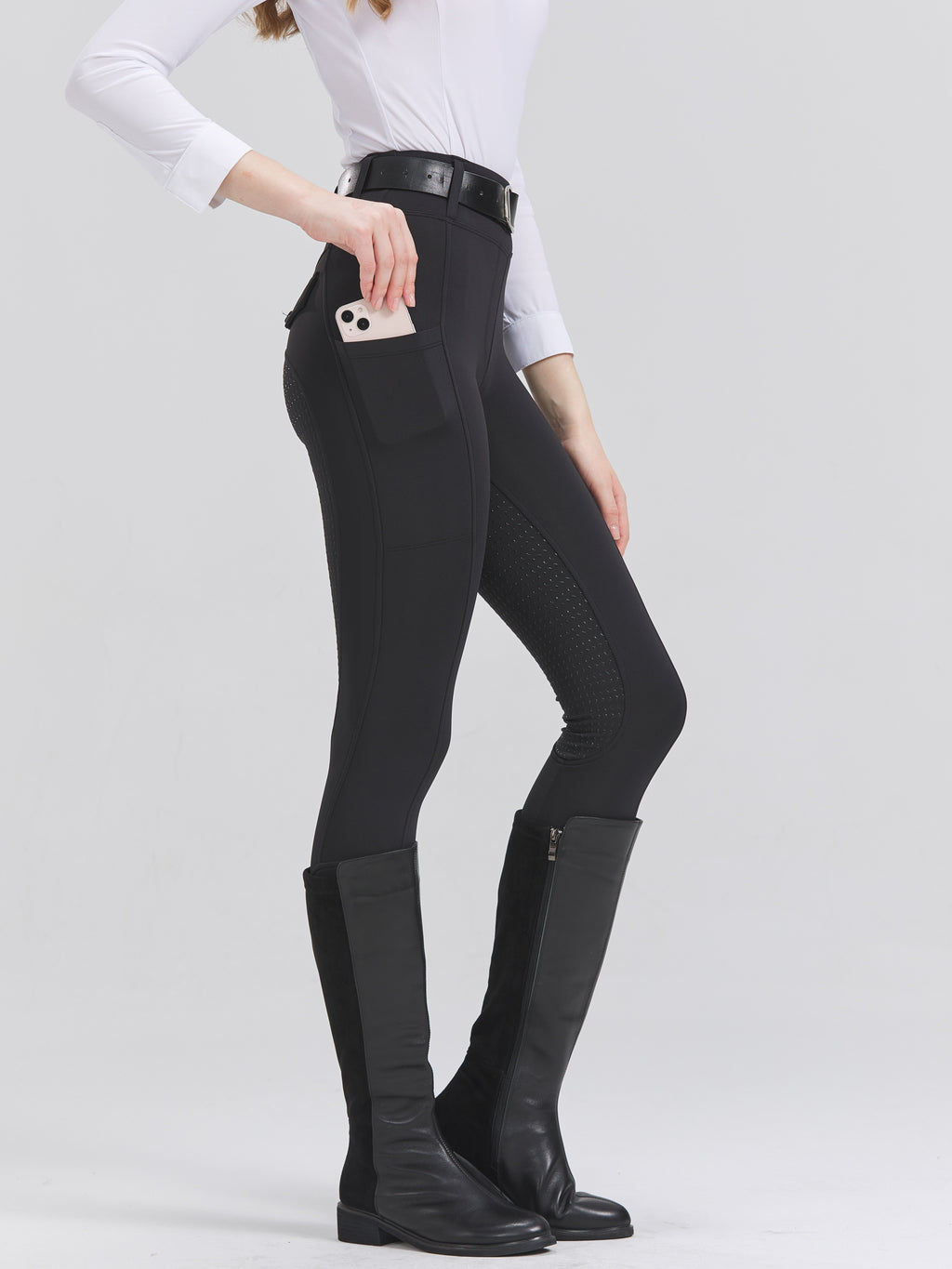 High-Elasticity Brushed Fabric Equestrian Pants with Silicone Grip, All-Season Horse Riding Tights with Pockets, Breathable and Durable