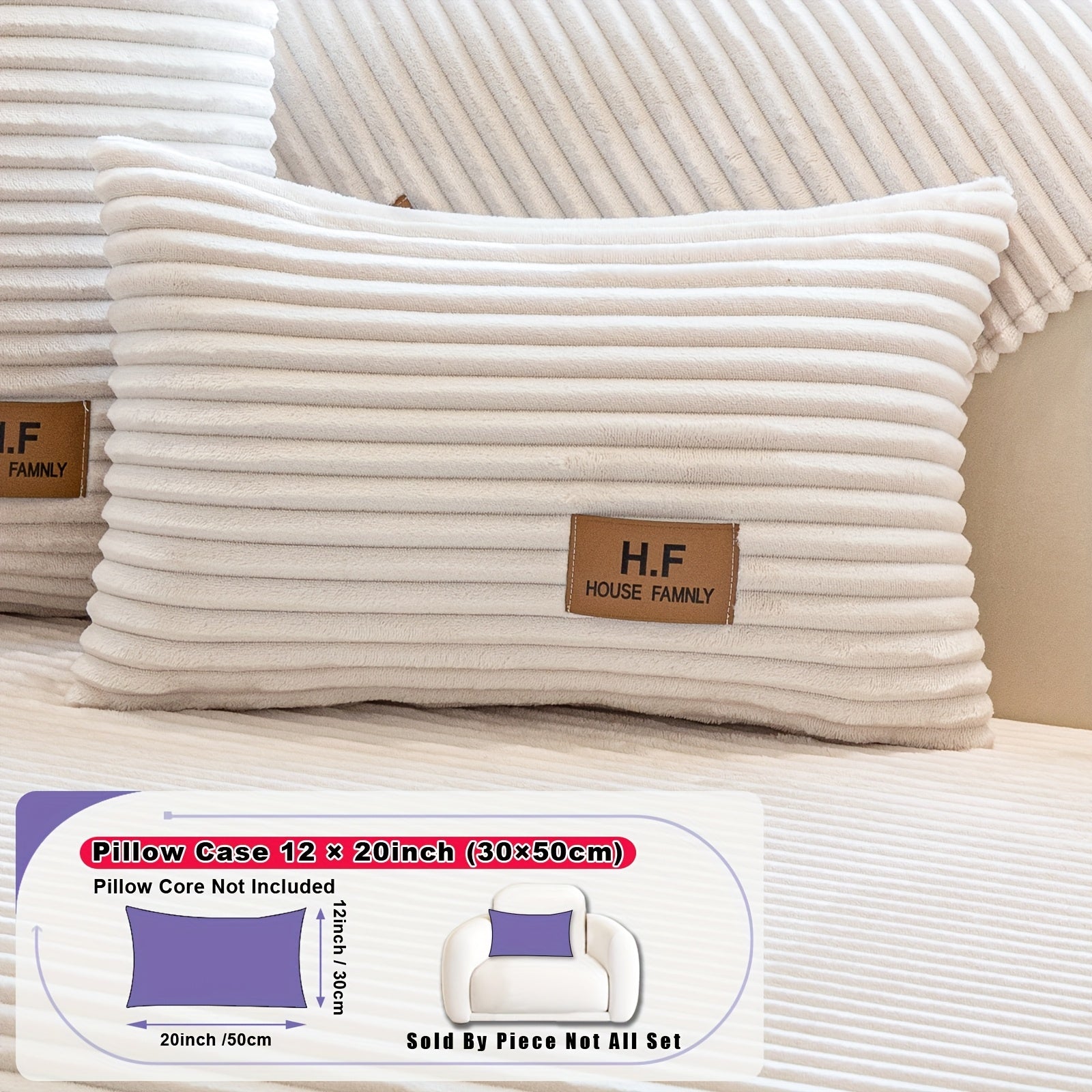 1pc HF Modern Plush Flannel Sofa Cushion Cover - Pet-Friendly Non-Slip Sofa Protector with Striped Design & Leather-Like Patches, Machine Washable Furniture Cover for 3/2/4-Seater, Living Room, Bedroom, Office Decor, Bedroom