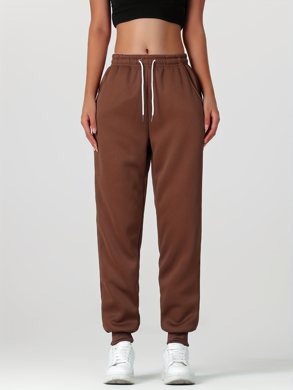 1pc Autumn Winter Women's Long Pants, Fleece-Lined Warm Casual Sports Trousers with Elastic Drawstring Waist, Slant Pockets, Windproof Thermal Cuffed Pants for Winter Daily Home Outing Hiking Leisure Wear