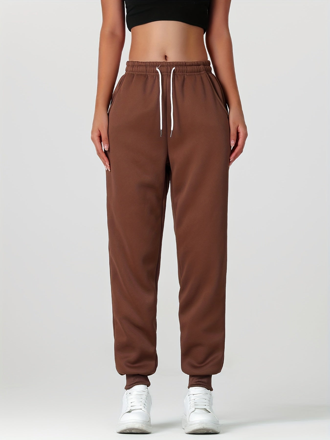 1pc Autumn Winter Women's Long Pants, Fleece-Lined Warm Casual Sports Trousers with Elastic Drawstring Waist, Slant Pockets, Windproof Thermal Cuffed Pants for Winter Daily Home Outing Hiking Leisure Wear