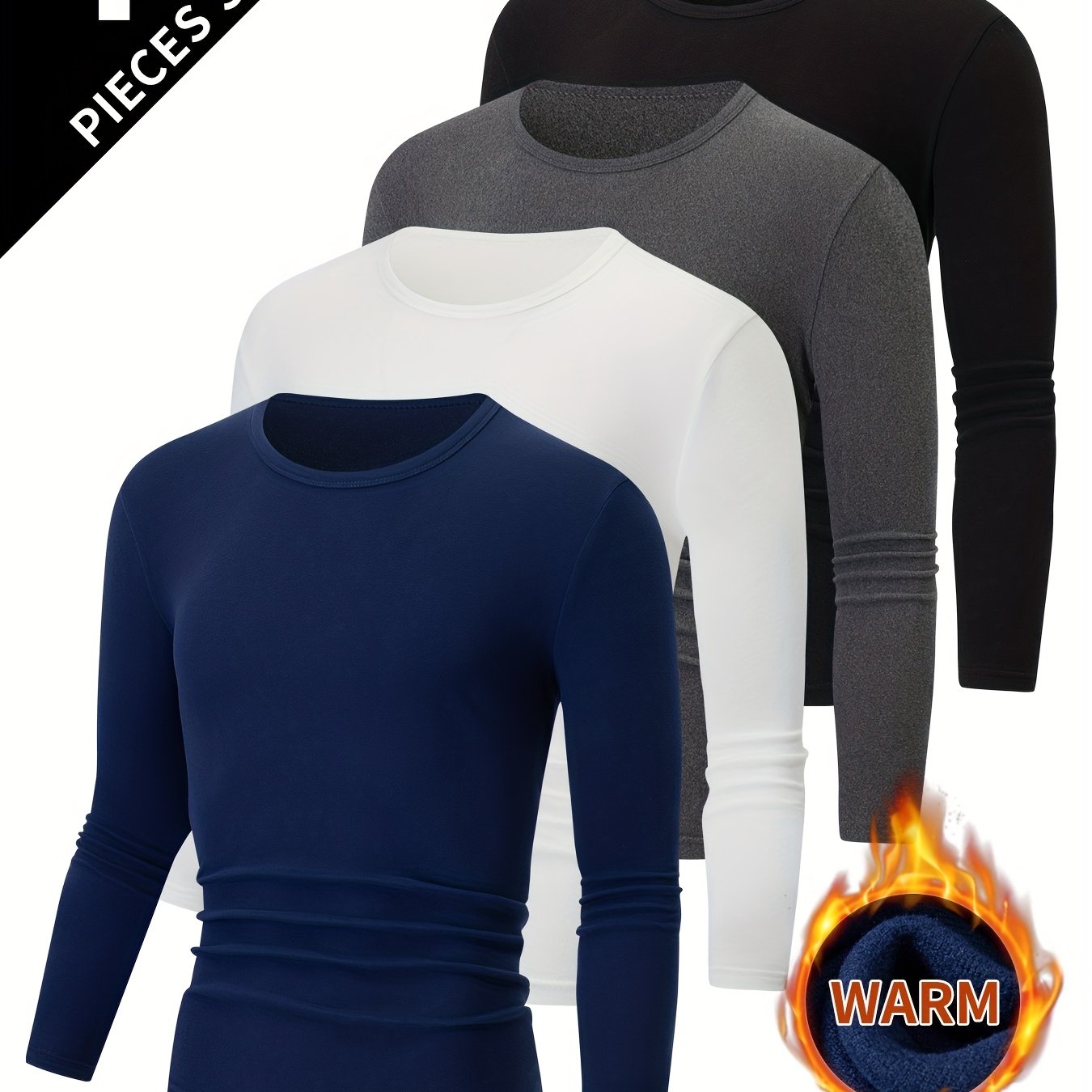 4pcs Men's Thermal Base Layer Long Sleeve Round Neck T-Shirts - Solid Color Warm Winter Layering Shirts, Casual Underwear for Cold Weather, Hand Washable (Bulk Pack for Easy Organization) - Compatible with Jeans & Dress Pants